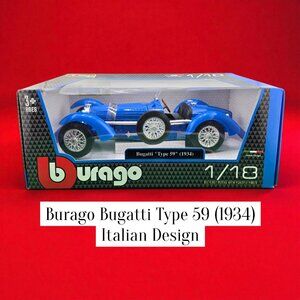 Burago Bugatti Type 59 (1934) 1:18 Vintage Diecast Model Car – Blue – New in Box
